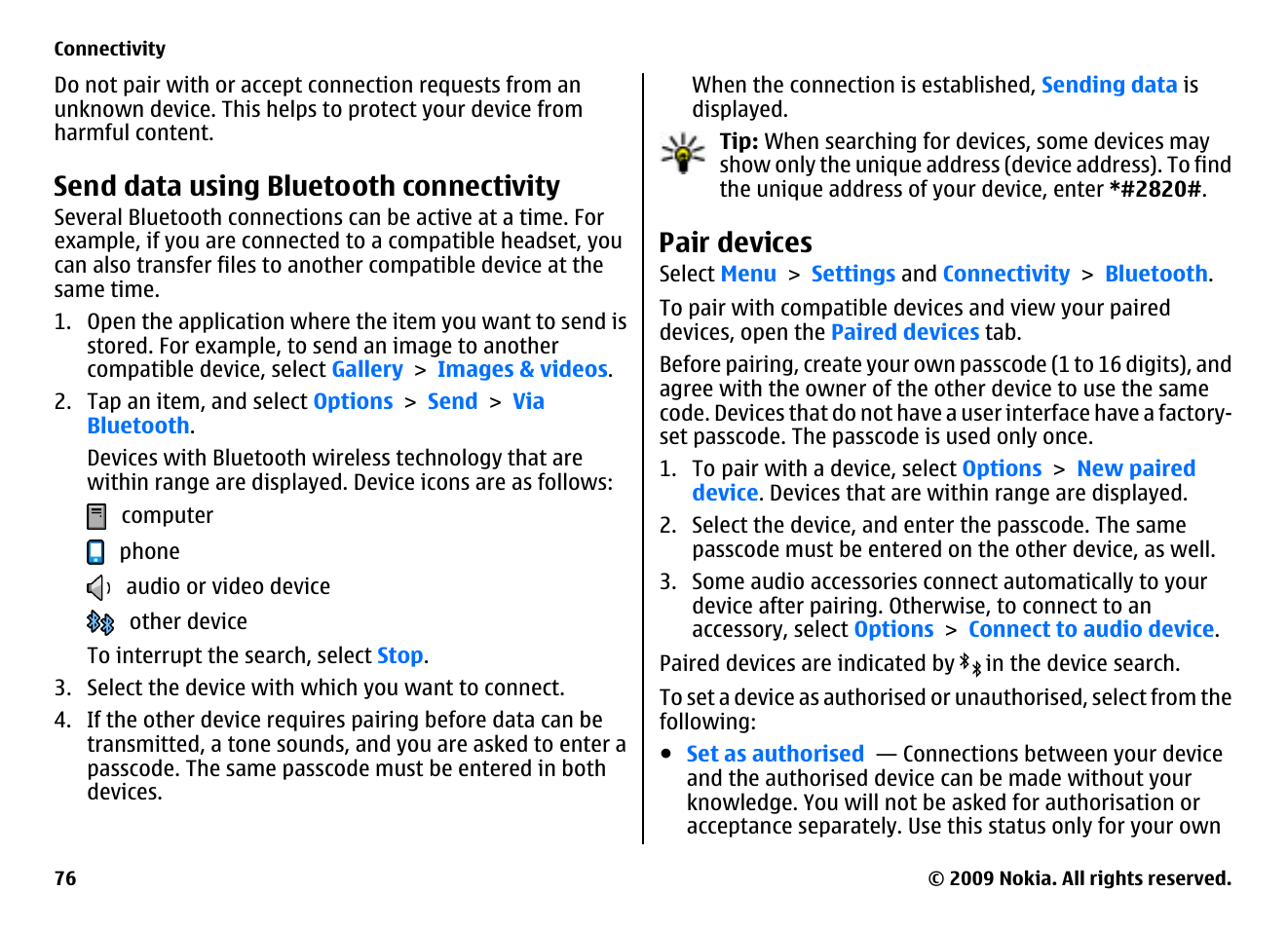 Send data using bluetooth connectivity, Pair devices | Nokia XPRESSMUSIC 5800 User Manual | Page 76 / 116