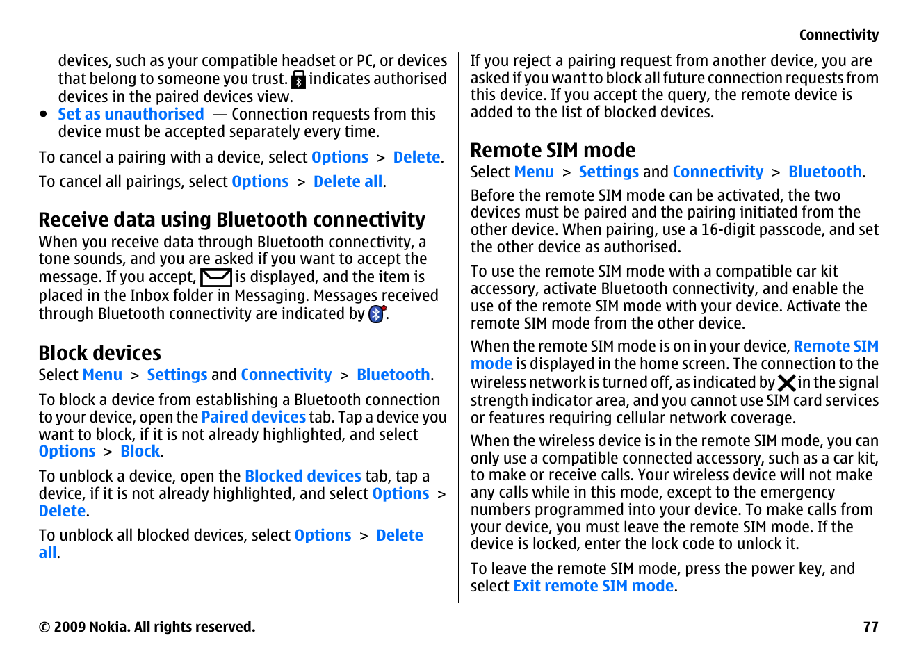 Receive data using bluetooth connectivity, Block devices, Remote sim mode | Nokia XPRESSMUSIC 5800 User Manual | Page 77 / 116