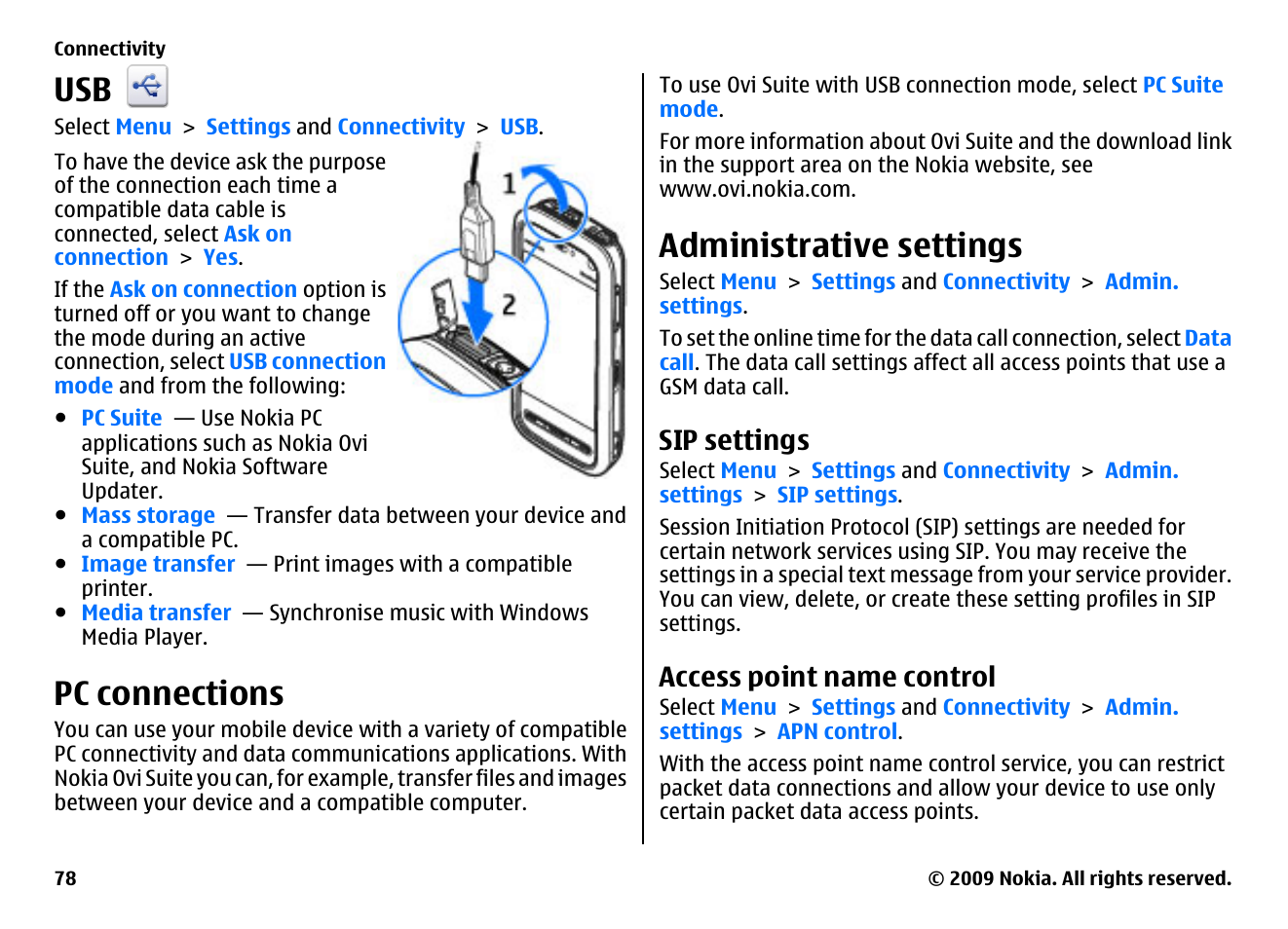 Pc connections, Administrative settings, Sip settings | Access point name control | Nokia XPRESSMUSIC 5800 User Manual | Page 78 / 116