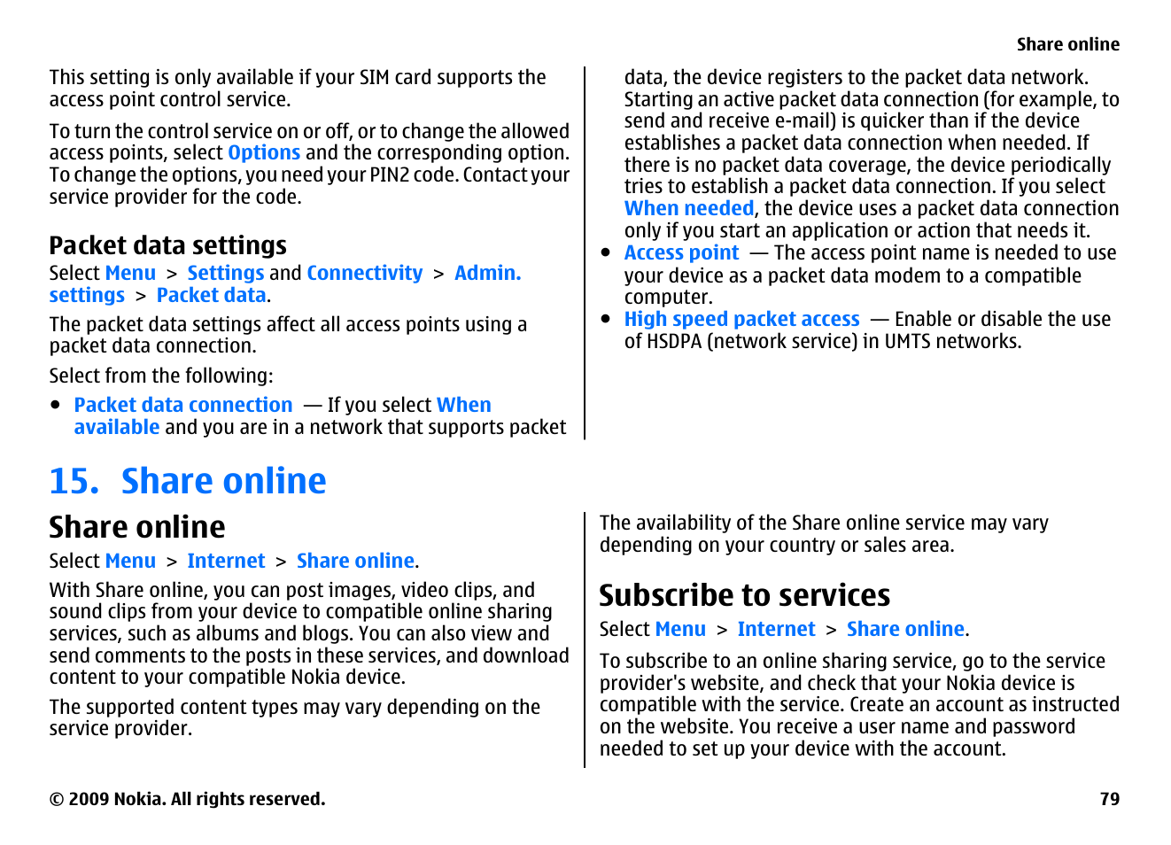 Packet data settings, Share online, Subscribe to services | Nokia XPRESSMUSIC 5800 User Manual | Page 79 / 116