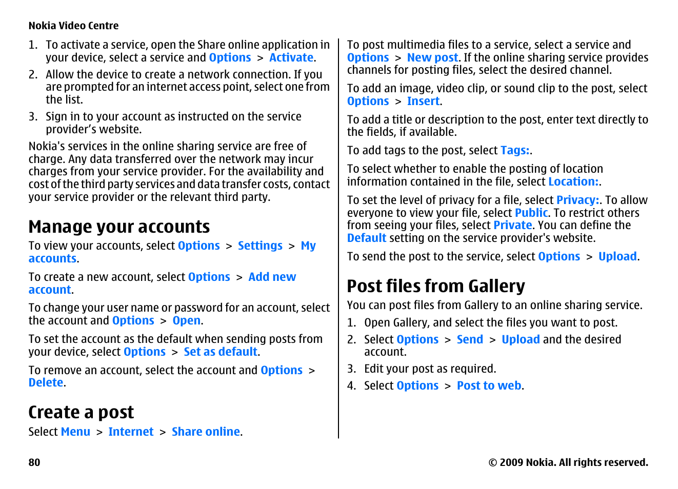 Manage your accounts, Create a post, Post files from gallery | Nokia XPRESSMUSIC 5800 User Manual | Page 80 / 116