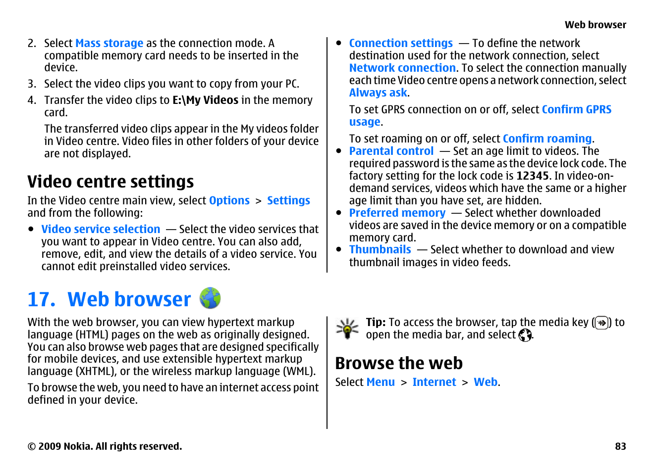 Video centre settings, Web browser, Browse the web | Nokia XPRESSMUSIC 5800 User Manual | Page 83 / 116