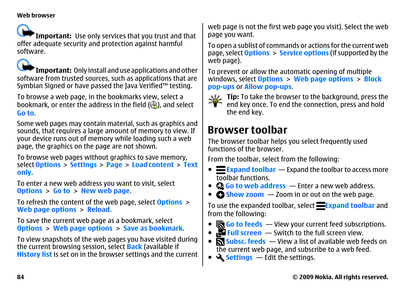 Browser toolbar | Nokia XPRESSMUSIC 5800 User Manual | Page 84 / 116