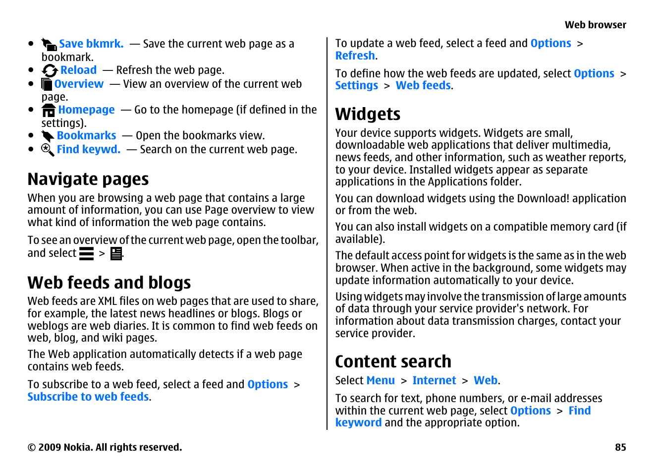 Web feeds and blogs, Widgets, Content search | Navigate pages | Nokia XPRESSMUSIC 5800 User Manual | Page 85 / 116