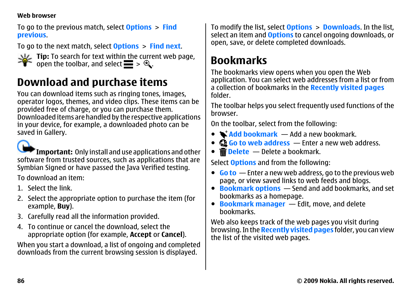 Download and purchase items, Bookmarks | Nokia XPRESSMUSIC 5800 User Manual | Page 86 / 116