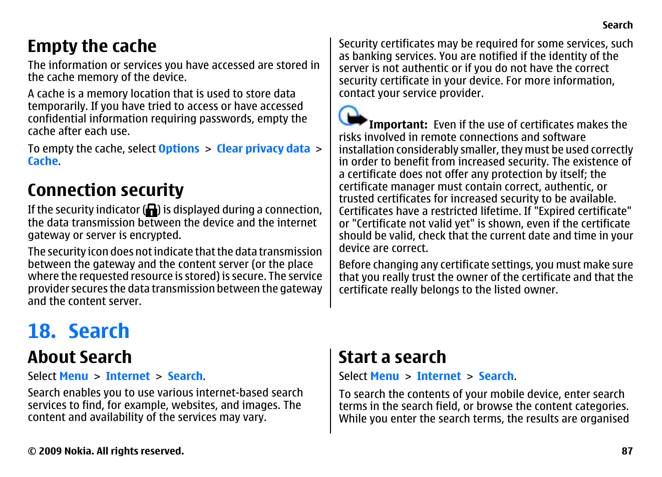 Empty the cache, Connection security, Search | About search, Start a search | Nokia XPRESSMUSIC 5800 User Manual | Page 87 / 116
