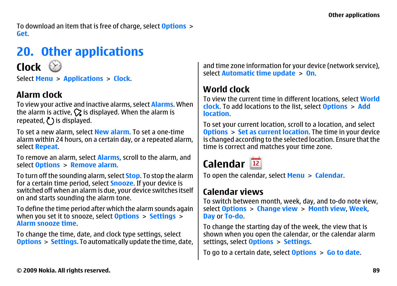 Other applications, Clock, Alarm clock | World clock, Calendar, Calendar views | Nokia XPRESSMUSIC 5800 User Manual | Page 89 / 116