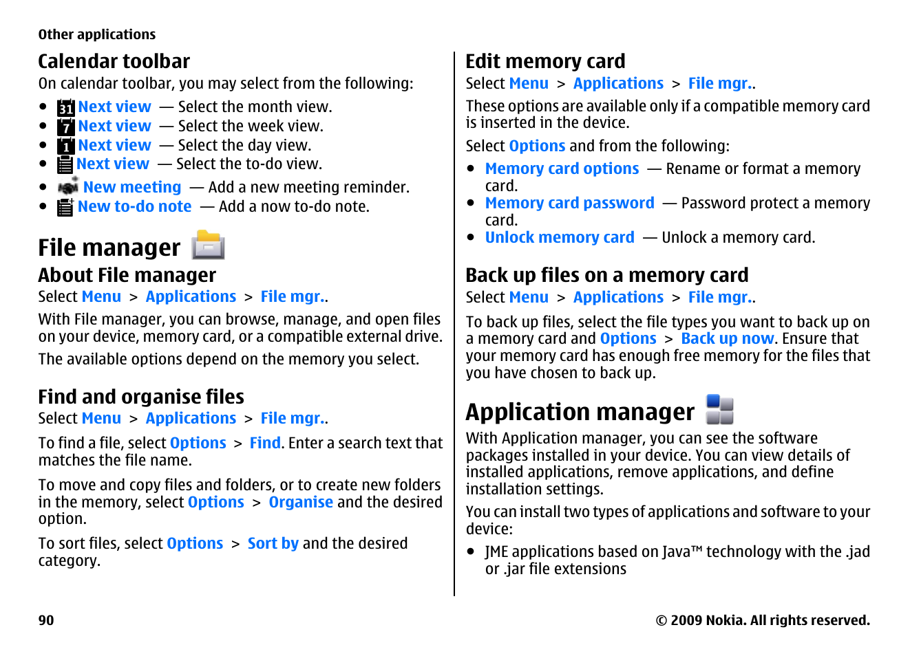 Calendar toolbar, File manager, About file manager | Find and organise files, Edit memory card, Back up files on a memory card, Application manager | Nokia XPRESSMUSIC 5800 User Manual | Page 90 / 116