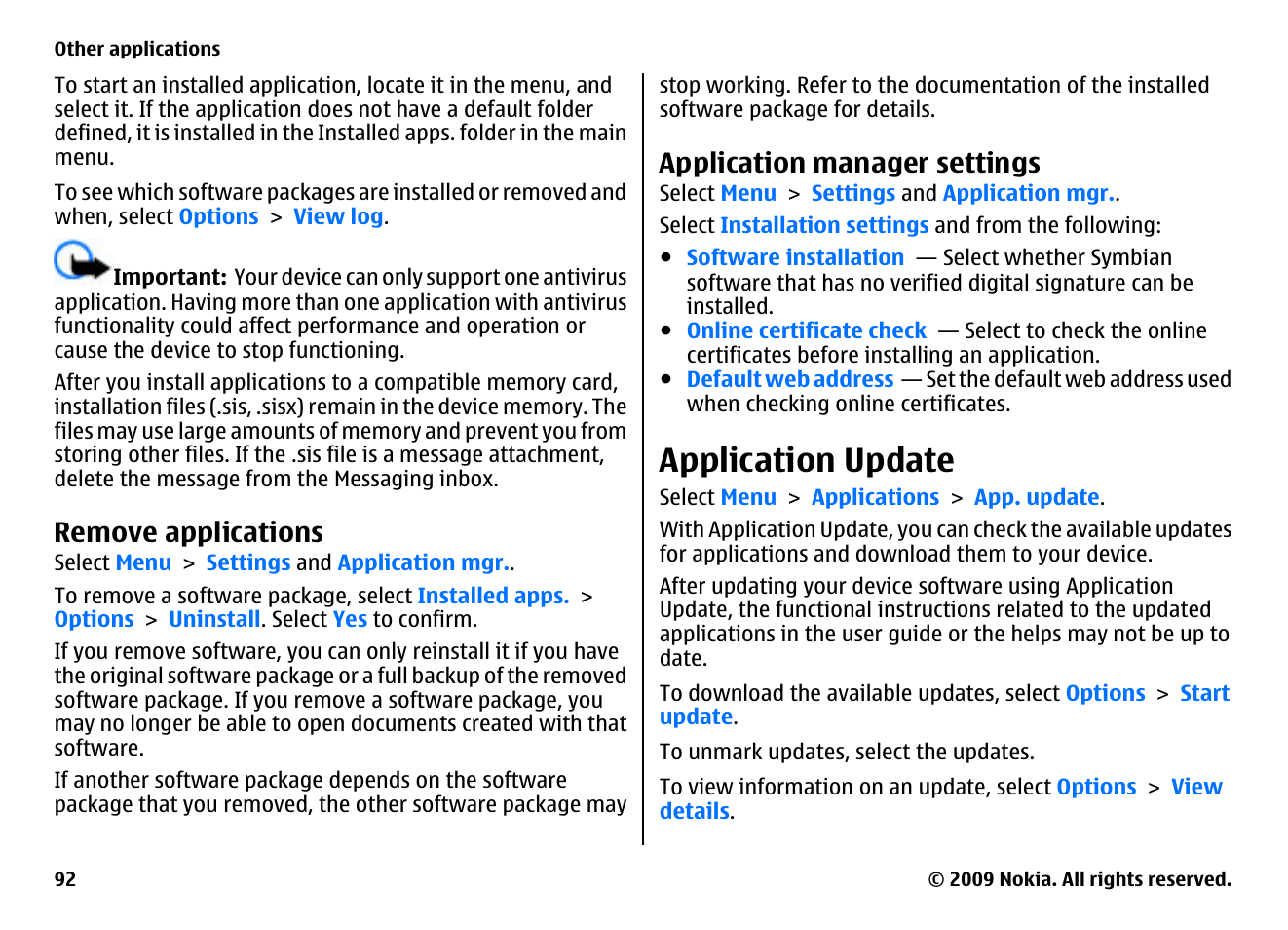 Remove applications, Application manager settings, Application update | Nokia XPRESSMUSIC 5800 User Manual | Page 92 / 116