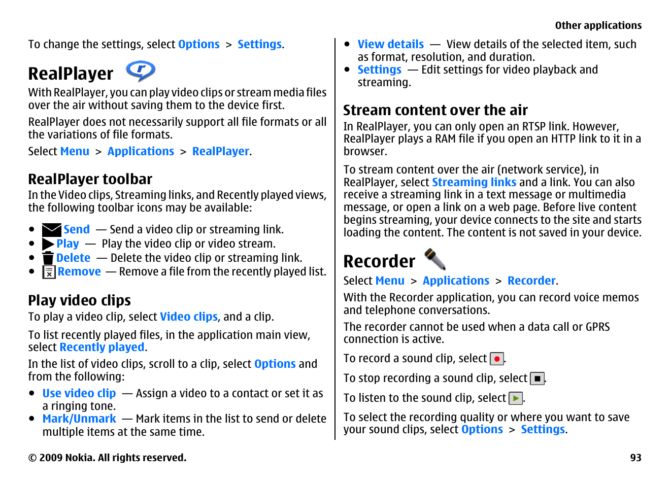 Realplayer, Realplayer toolbar, Play video clips | Stream content over the air, Recorder | Nokia XPRESSMUSIC 5800 User Manual | Page 93 / 116