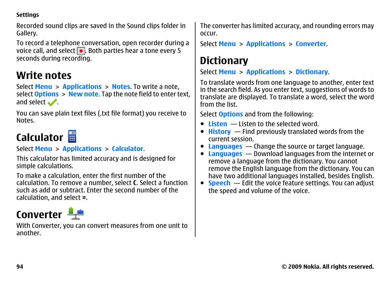 Write notes, Calculator, Converter | Dictionary | Nokia XPRESSMUSIC 5800 User Manual | Page 94 / 116