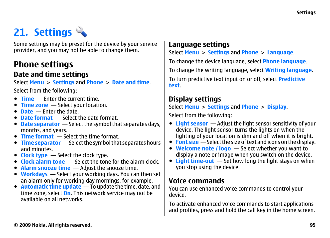 Settings, Phone settings, Date and time settings | Language settings, Display settings, Voice commands | Nokia XPRESSMUSIC 5800 User Manual | Page 95 / 116