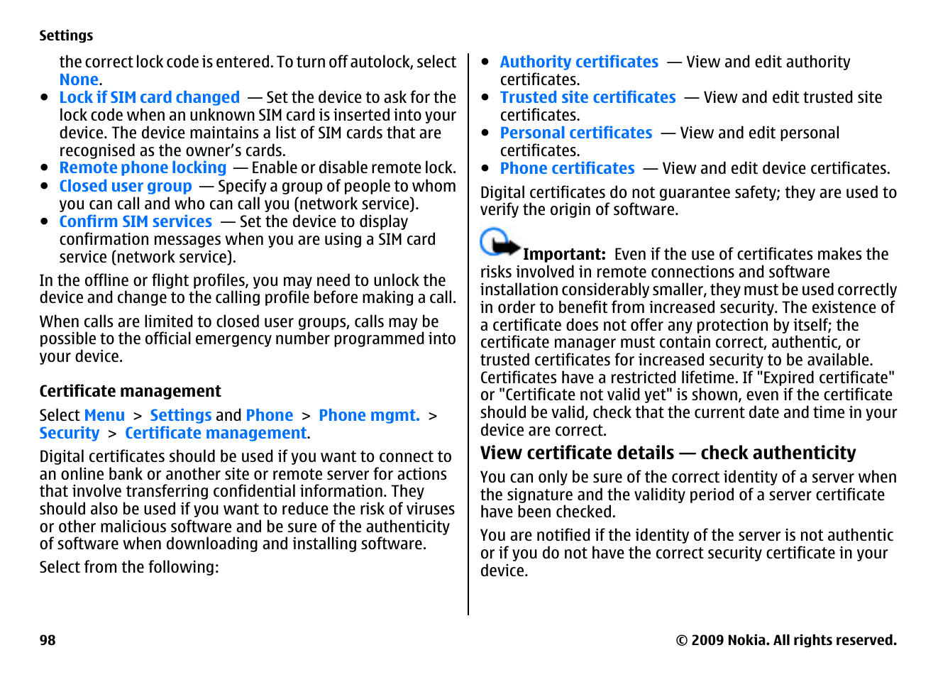 Certificate management | Nokia XPRESSMUSIC 5800 User Manual | Page 98 / 116