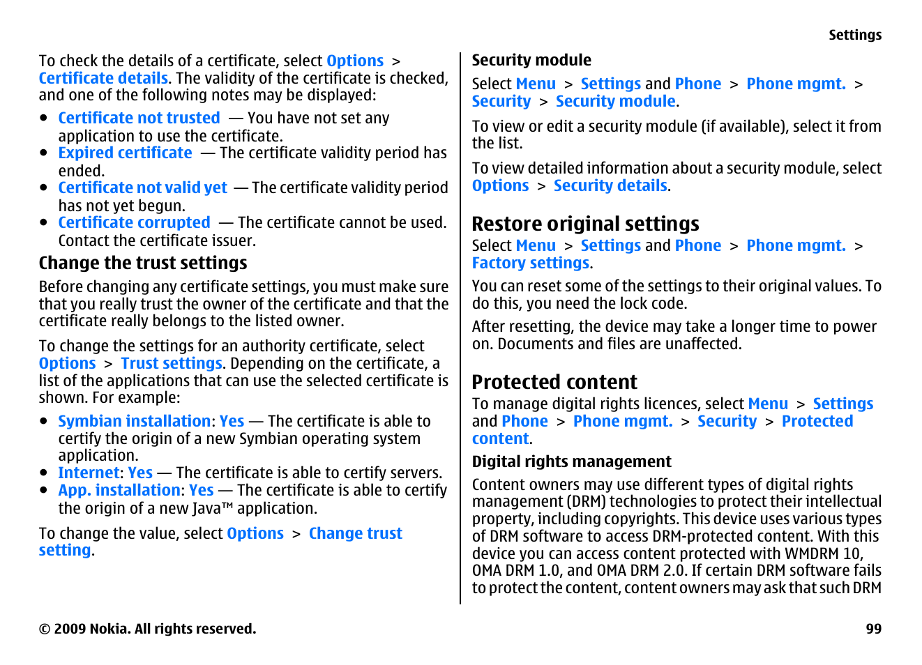 Security module, Restore original settings, Protected content | Nokia XPRESSMUSIC 5800 User Manual | Page 99 / 116