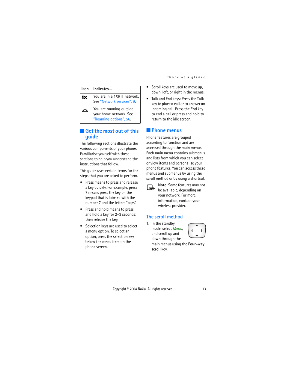 Get the most out of this guide, Phone menus, The scroll method | Get the most out of this guide phone menus | Nokia 6015 User Manual | Page 13 / 87