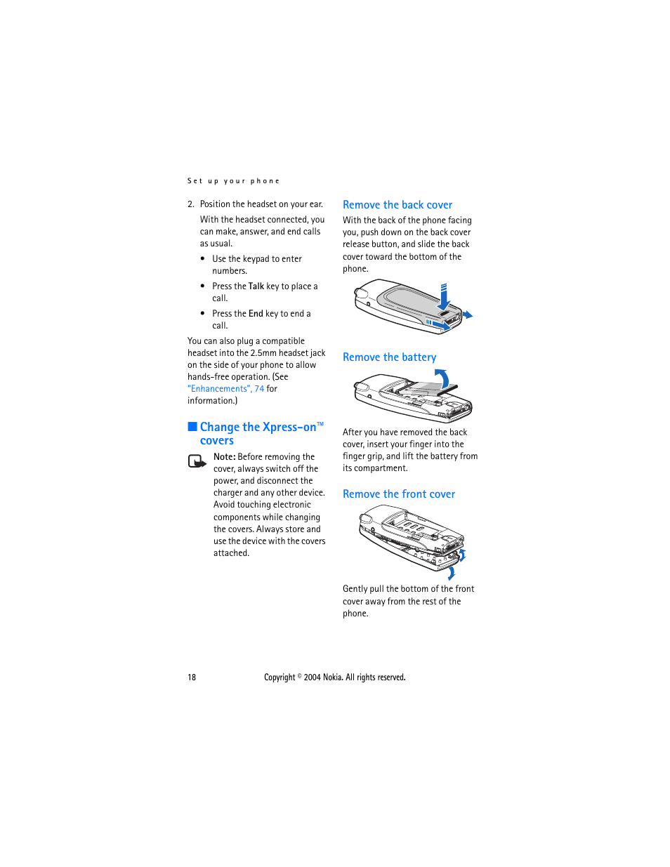 Change the xpress-on covers, Remove the back cover, Remove the battery | Remove the front cover, Change the xpress-on™ covers | Nokia 6015 User Manual | Page 18 / 87