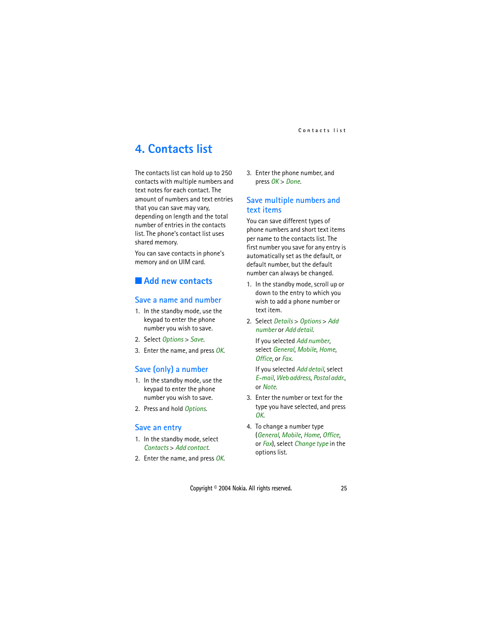 Contacts list, Add new contacts, Save a name and number | Save (only) a number, Save an entry, Save multiple numbers and text items | Nokia 6015 User Manual | Page 25 / 87