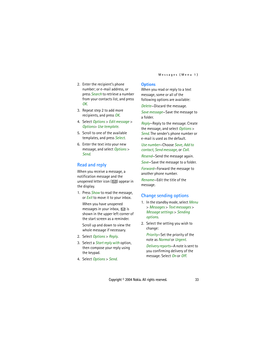 Read and reply, Change sending options, Read and reply change sending options | Nokia 6015 User Manual | Page 33 / 87
