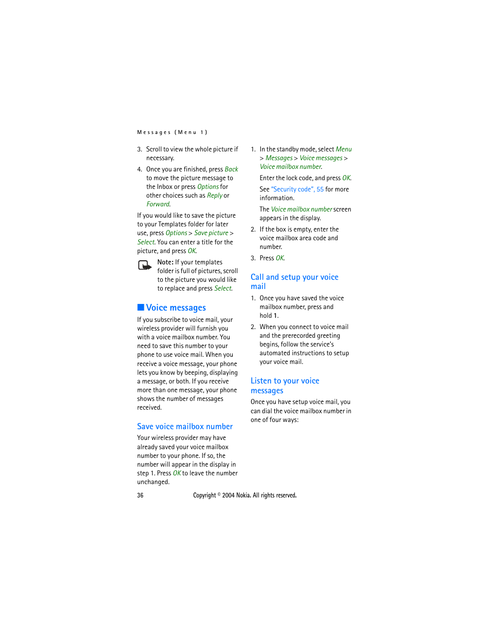 Voice messages, Save voice mailbox number, Call and setup your voice mail | Listen to your voice messages, Voice, Messages”, 36 | Nokia 6015 User Manual | Page 36 / 87