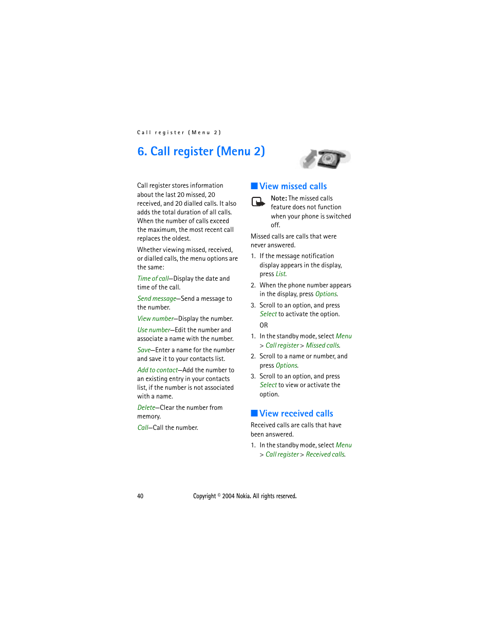 Call register (menu 2), View missed calls, View received calls | View missed calls view received calls | Nokia 6015 User Manual | Page 40 / 87