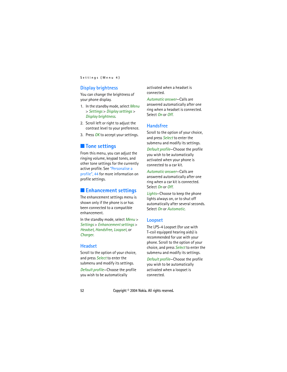 Display brightness, Tone settings, Enhancement settings | Headset, Handsfree, Loopset, Headset handsfree loopset, Enhancement settings”, 52 | Nokia 6015 User Manual | Page 52 / 87