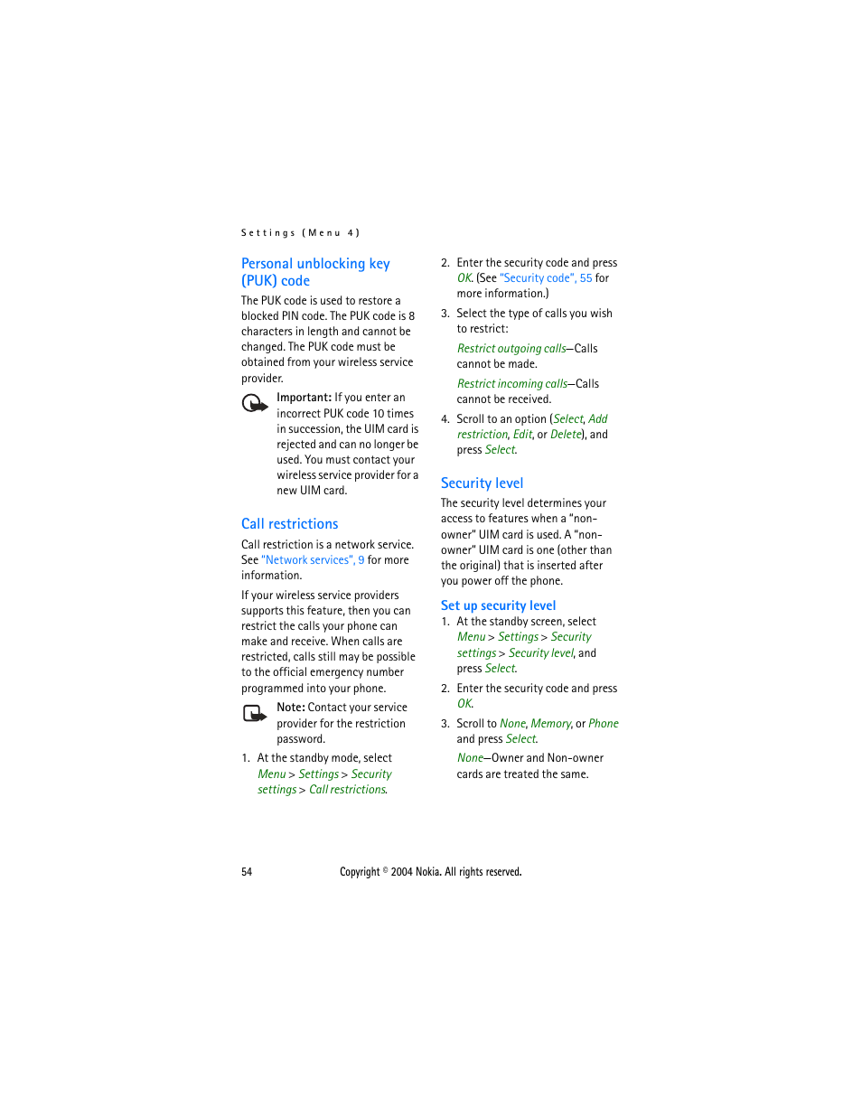 Personal unblocking key (puk) code, Call restrictions, Security level | Personal, Unblocking key (puk) code”, 54 | Nokia 6015 User Manual | Page 54 / 87