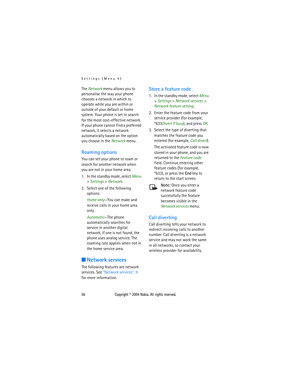 Roaming options, Network services, Store a feature code | Call diverting, Store a feature code call diverting, Roaming options”, 56 | Nokia 6015 User Manual | Page 56 / 87