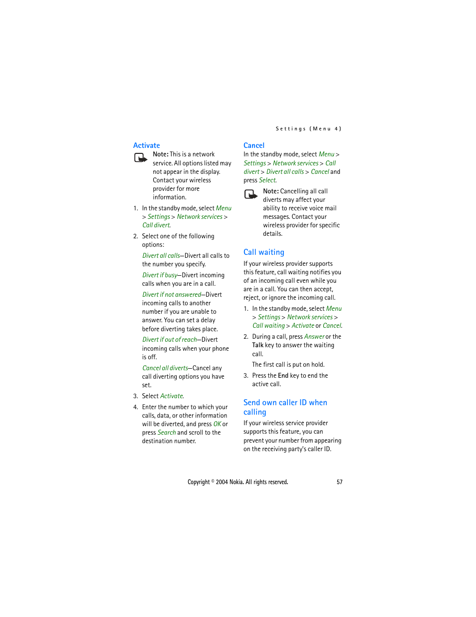 Call waiting, Send own caller id when calling, Call waiting send own caller id when calling | Nokia 6015 User Manual | Page 57 / 87