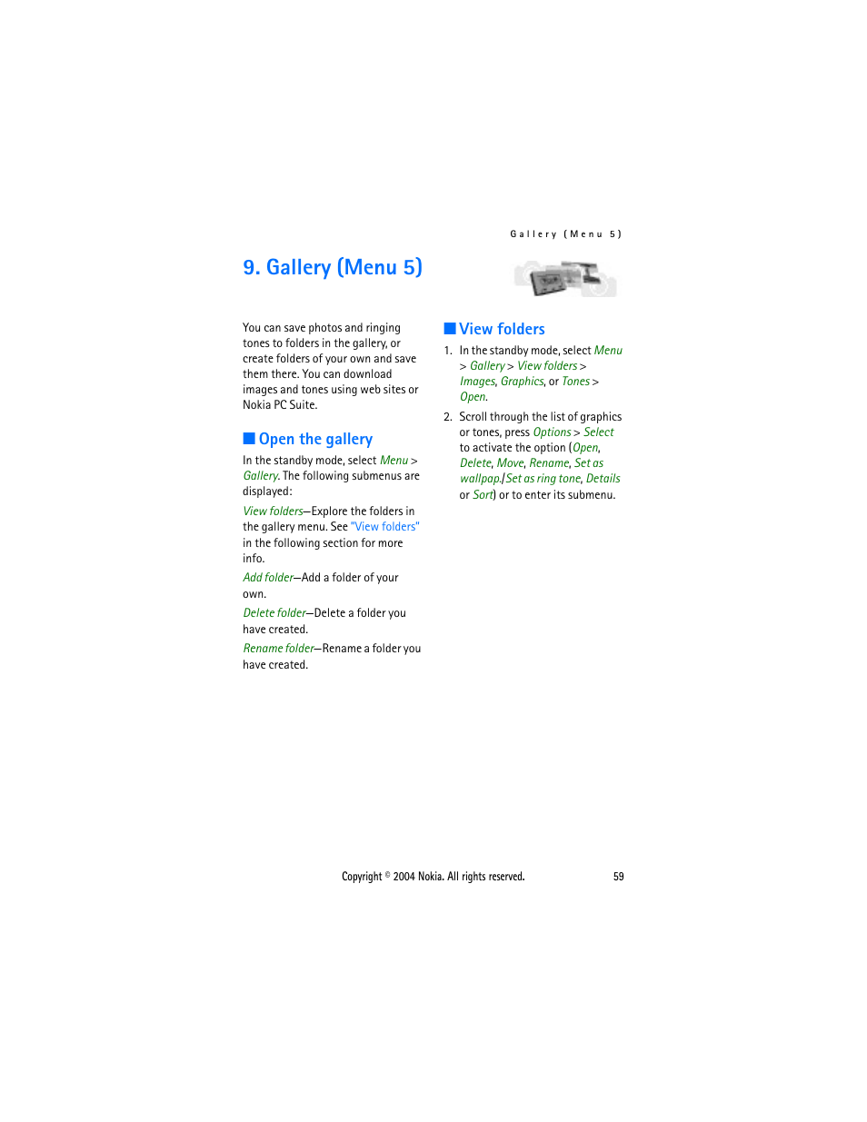 Gallery (menu 5), Open the gallery, View folders | Open the gallery view folders | Nokia 6015 User Manual | Page 59 / 87