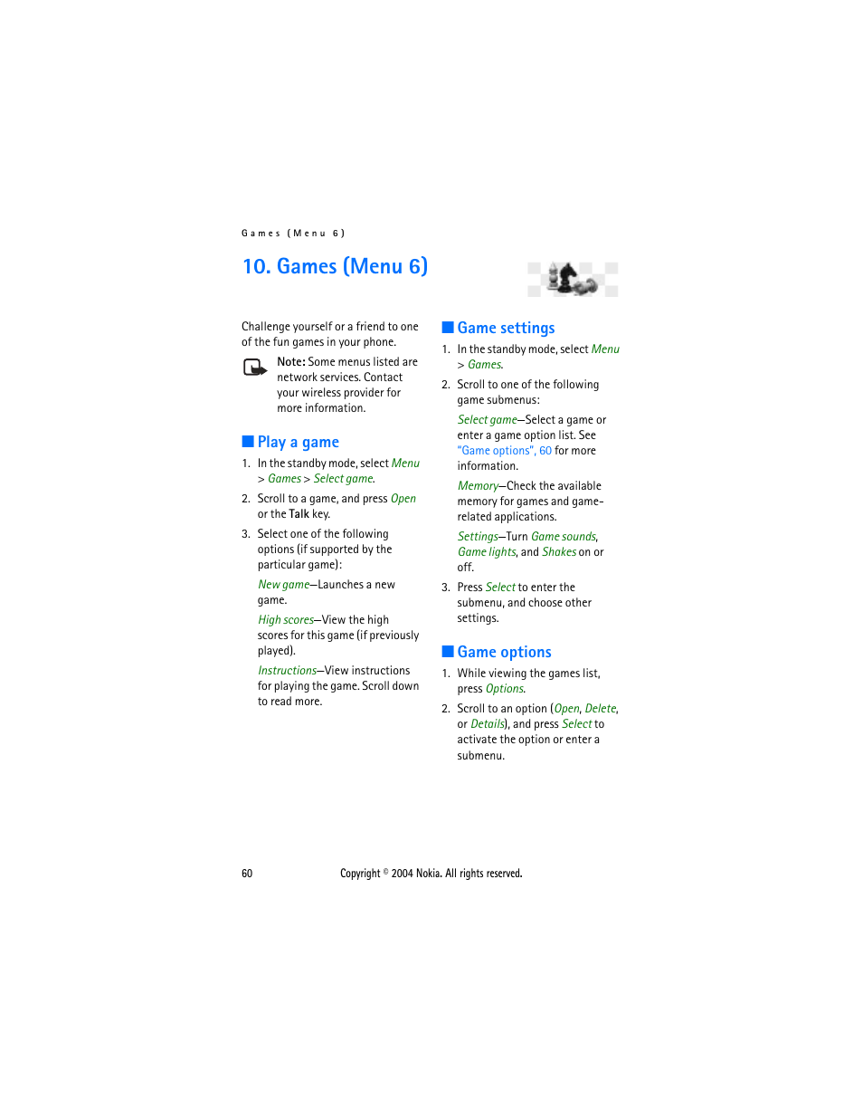 Games (menu 6), Play a game, Game settings | Game options, Play a game game settings game options | Nokia 6015 User Manual | Page 60 / 87