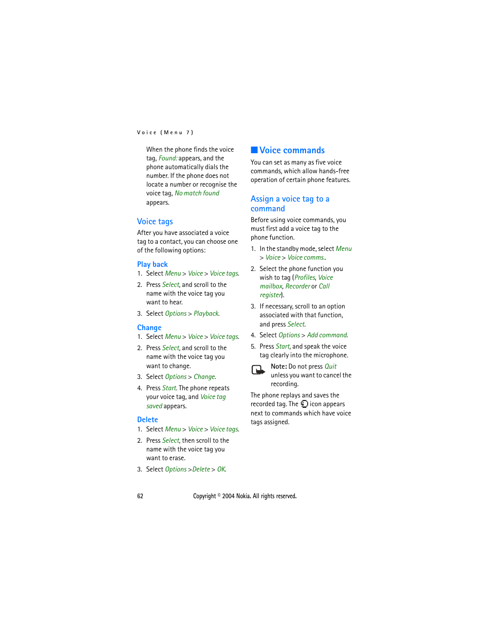 Voice tags, Voice commands, Assign a voice tag to a command | Nokia 6015 User Manual | Page 62 / 87