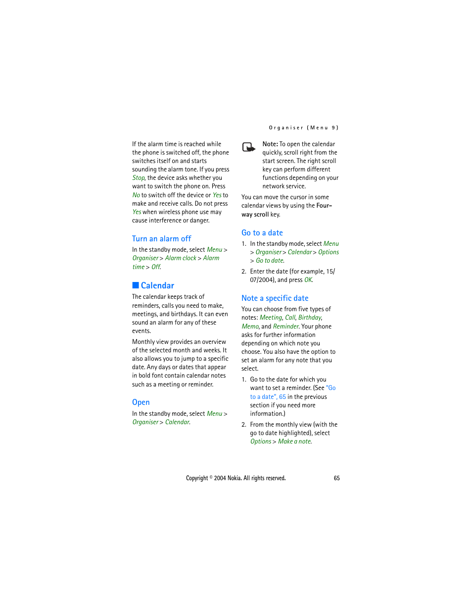 Turn an alarm off, Calendar, Open | Go to a date, Note a specific date, Open go to a date note a specific date | Nokia 6015 User Manual | Page 65 / 87
