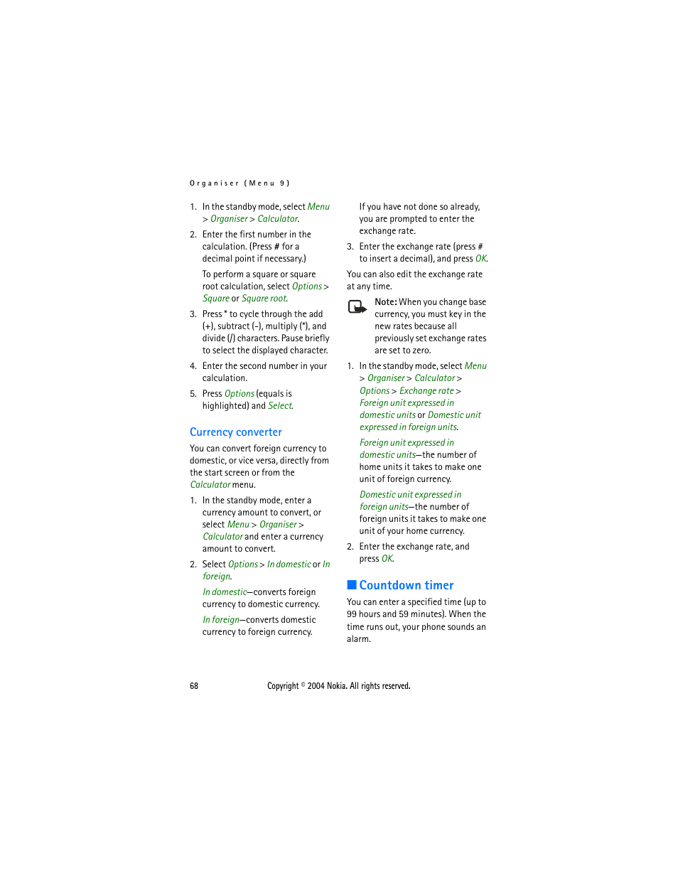 Currency converter, Countdown timer, Countdown | Timer”, 68 | Nokia 6015 User Manual | Page 68 / 87