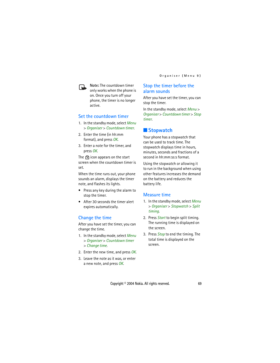 Set the countdown timer, Change the time, Stop the timer before the alarm sounds | Stopwatch, Measure time, Stopwatch”, 69 | Nokia 6015 User Manual | Page 69 / 87