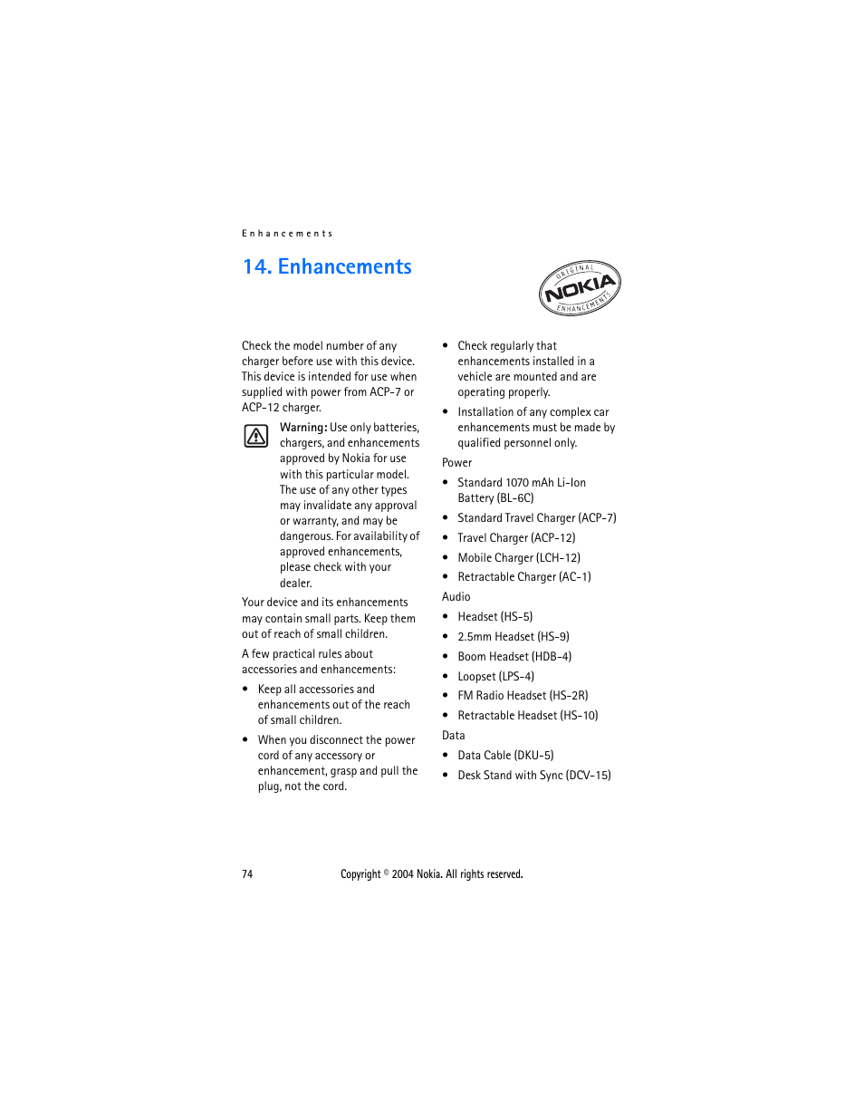 Enhancements | Nokia 6015 User Manual | Page 74 / 87