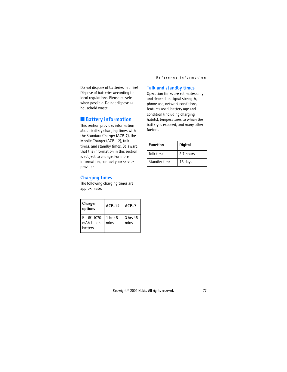 Battery information | Nokia 6015 User Manual | Page 77 / 87