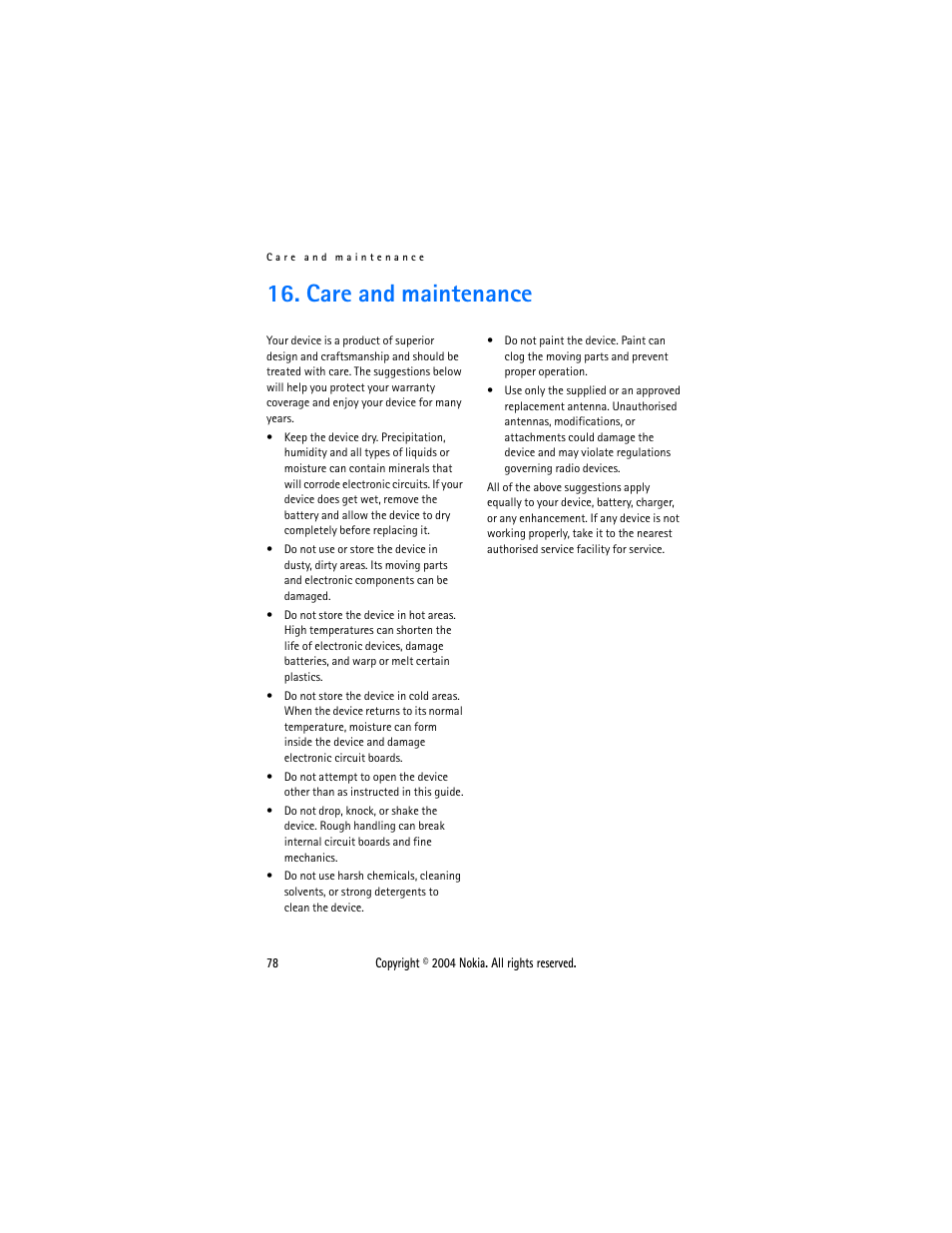 Care and maintenance | Nokia 6015 User Manual | Page 78 / 87