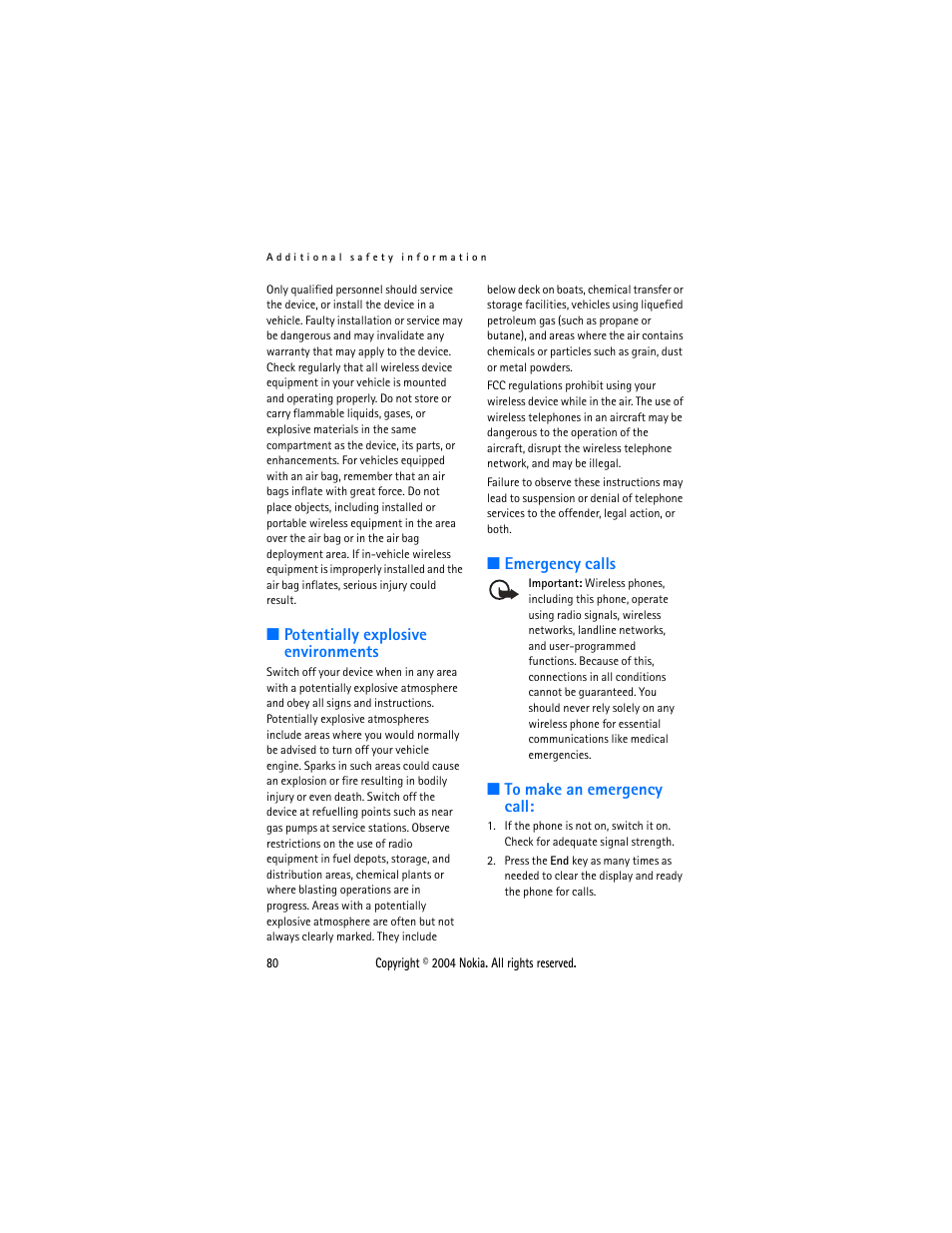 Potentially explosive environments, Emergency calls | Nokia 6015 User Manual | Page 80 / 87