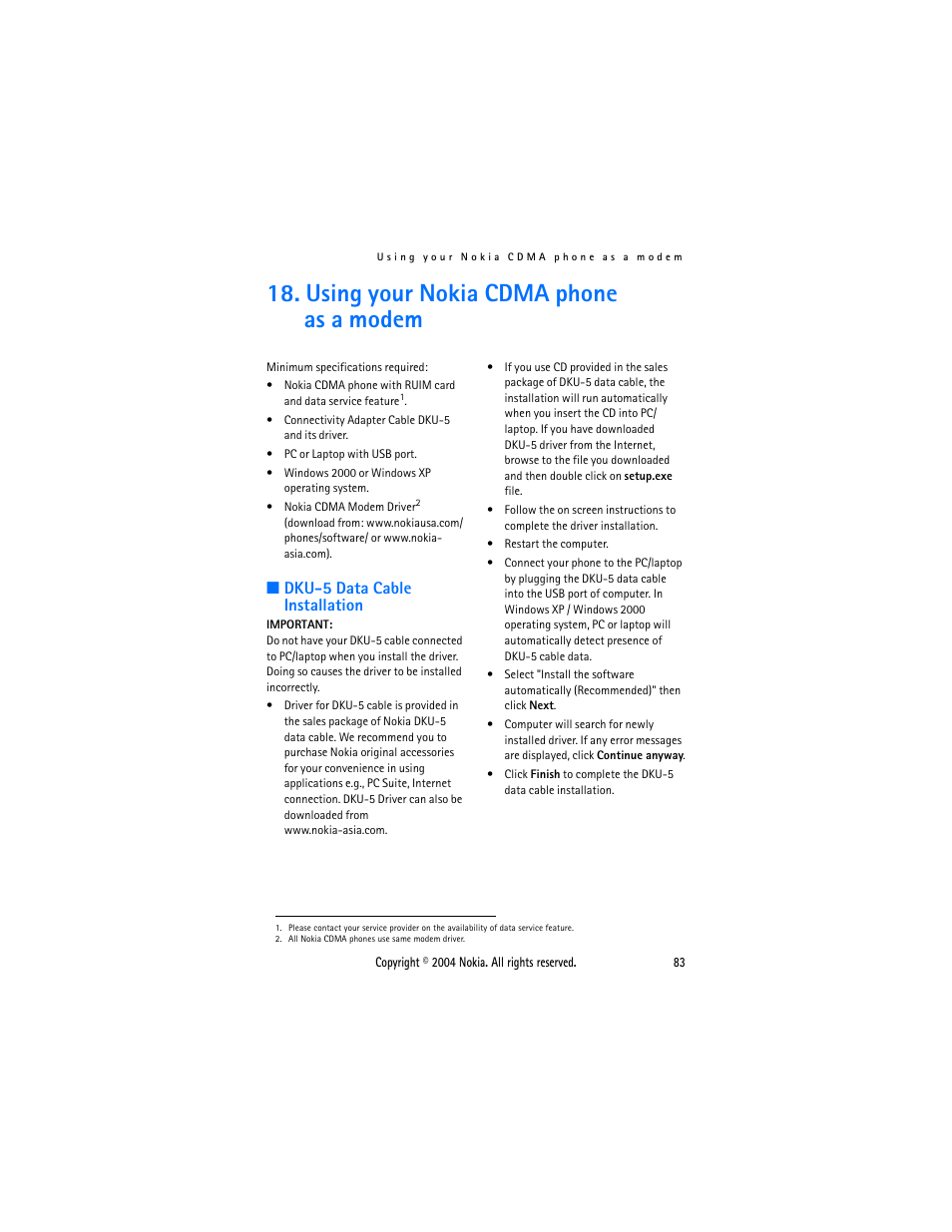 Using your nokia cdma phone as a modem, Dku-5 data cable installation | Nokia 6015 User Manual | Page 83 / 87