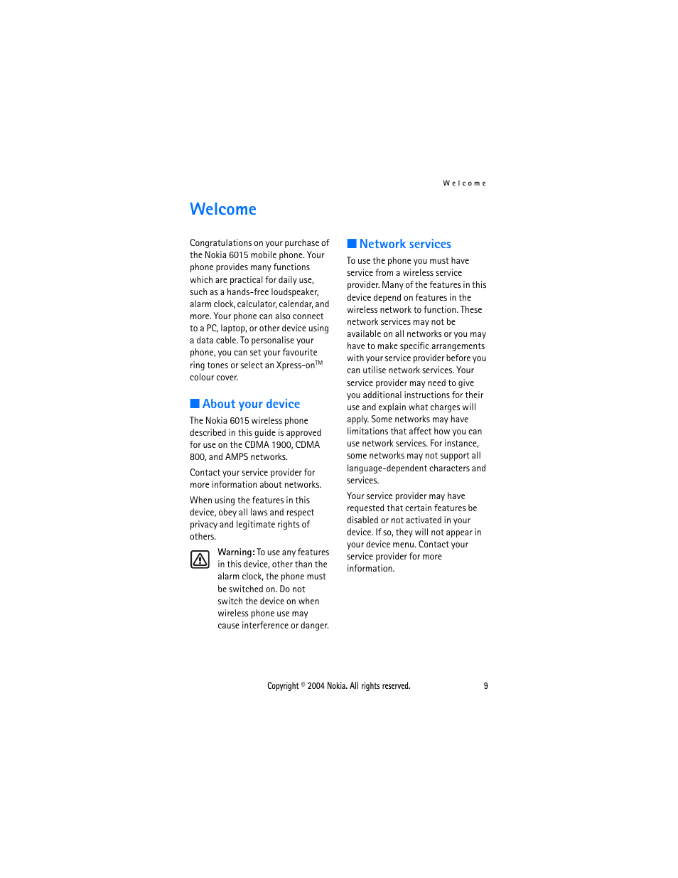 Welcome, About your device, Network services | About your device network services | Nokia 6015 User Manual | Page 9 / 87