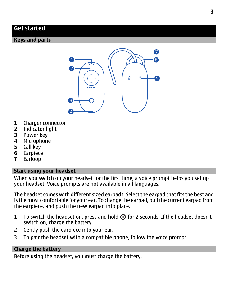 Get started, Keys and parts, Start using your headset | Charge the battery | Nokia BH-112 User Manual | Page 3 / 10