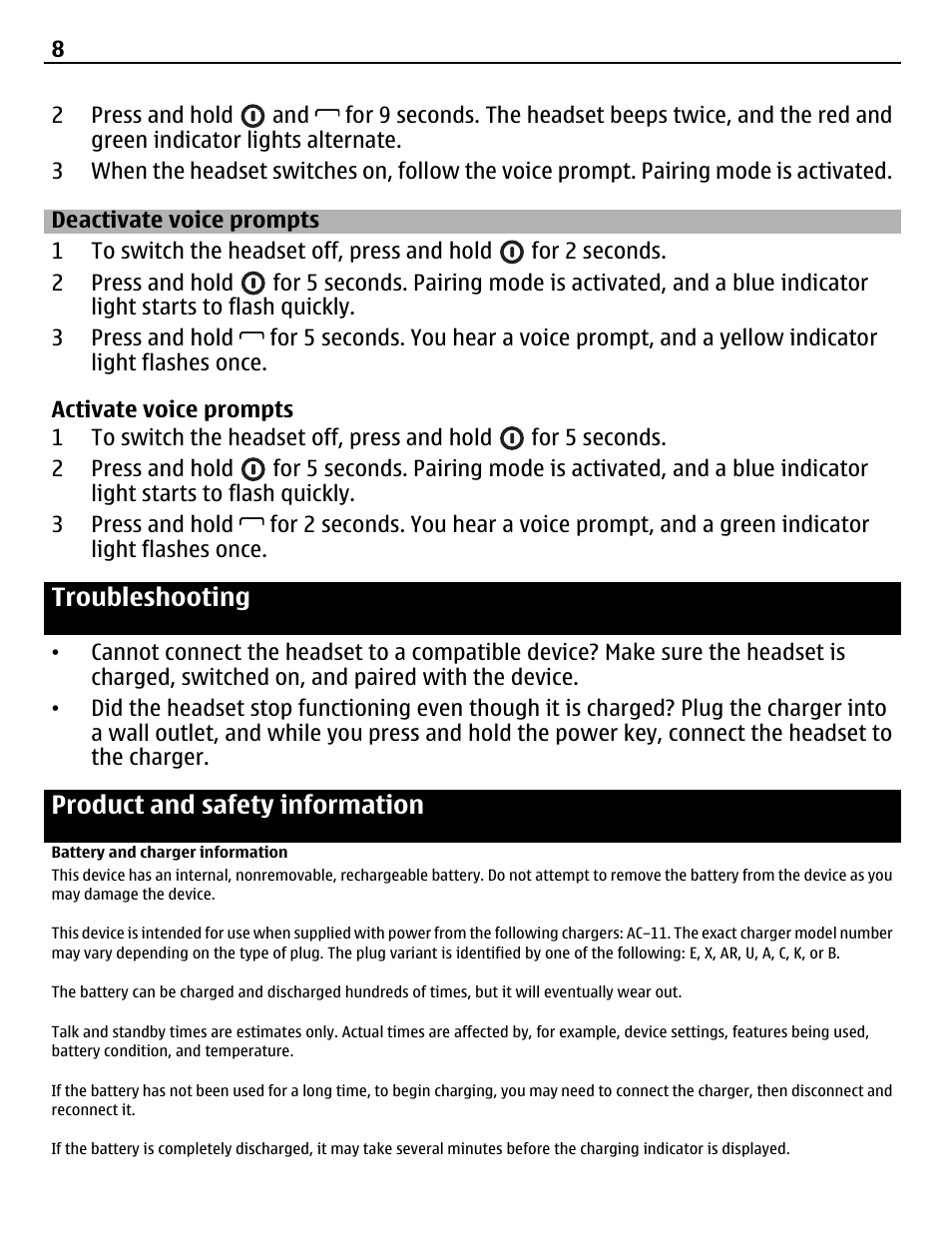 Deactivate voice prompts, Troubleshooting, Product and safety information | Battery and charger information | Nokia BH-112 User Manual | Page 8 / 10