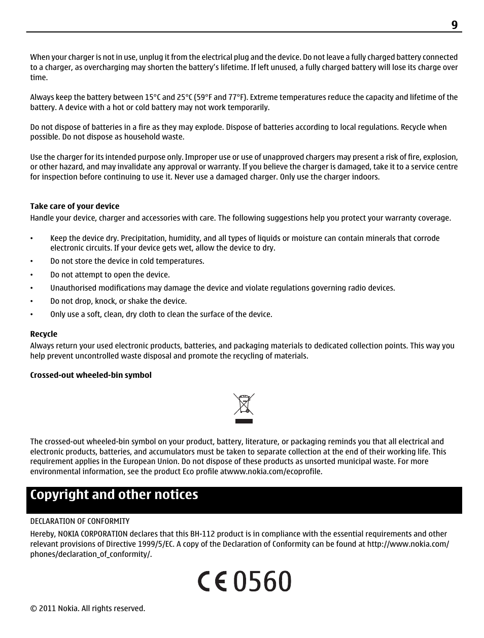 Take care of your device, Recycle, Crossed-out wheeled-bin symbol | Copyright and other notices | Nokia BH-112 User Manual | Page 9 / 10