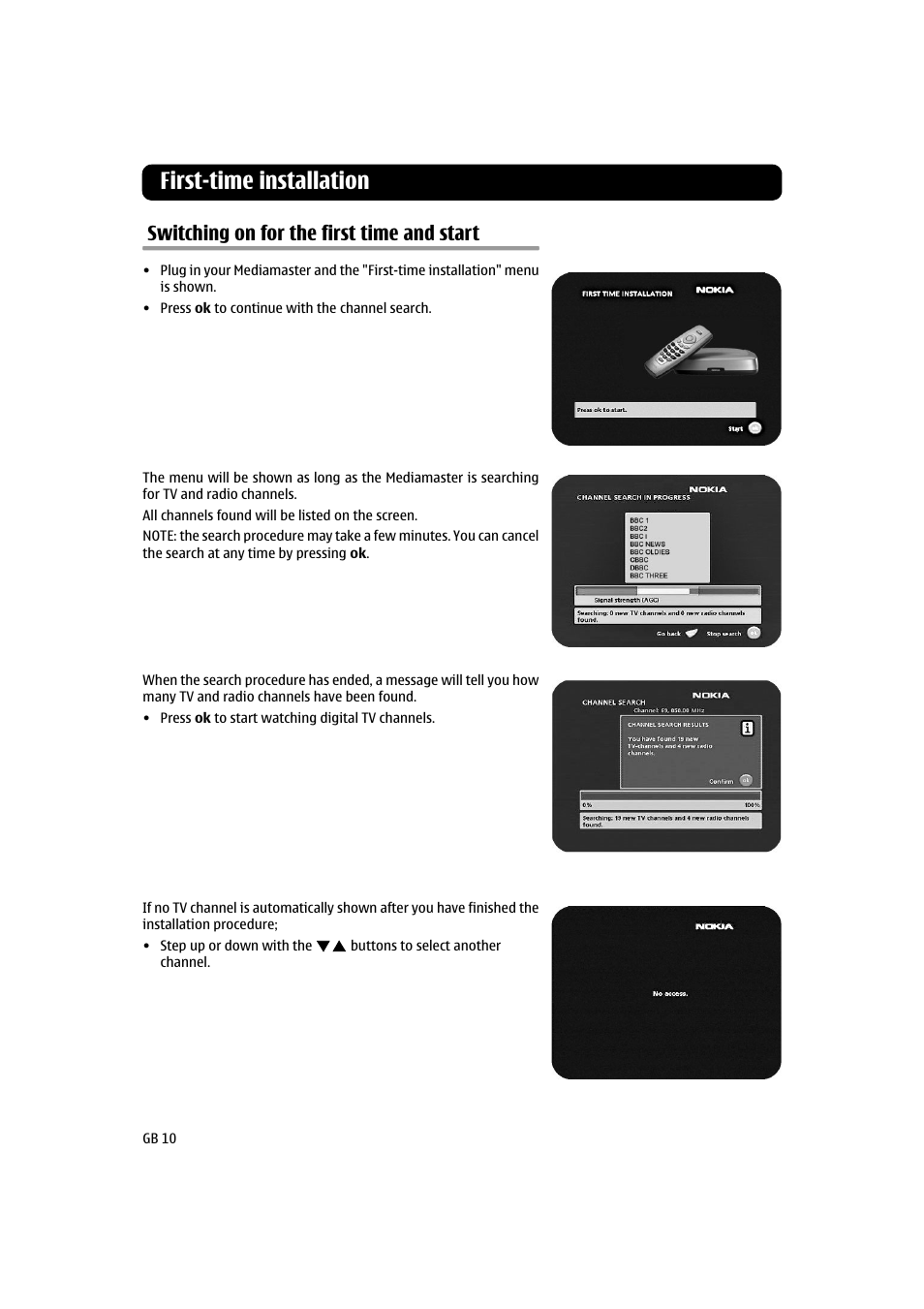 First-time installation, Switching on for the first time and start | Nokia 120T User Manual | Page 10 / 26