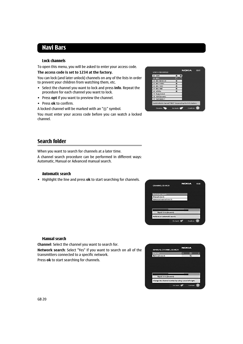 Navi bars, Search folder | Nokia 120T User Manual | Page 20 / 26