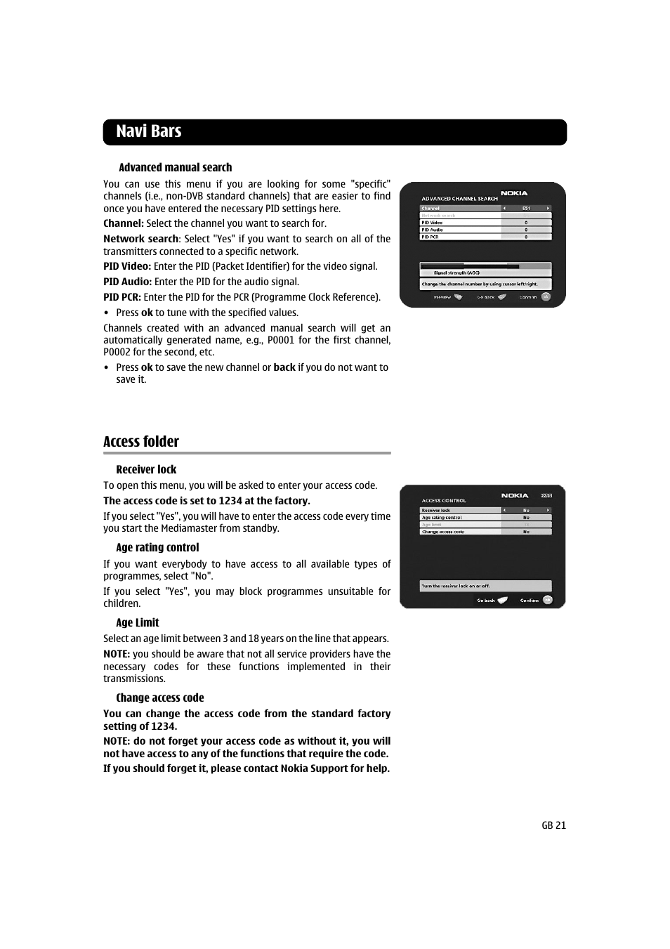 Navi bars, Access folder | Nokia 120T User Manual | Page 21 / 26