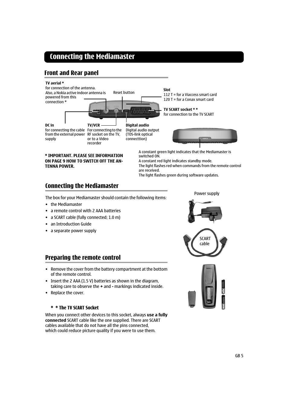 Connecting the mediamaster, Front and rear panel, Preparing the remote control | Nokia 120T User Manual | Page 5 / 26