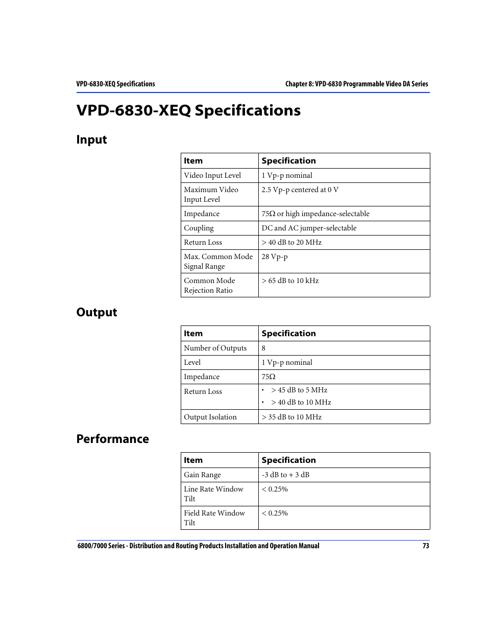 Vpd-6830-xeq specifications, Input, Output | Performance, Input output performance | Nokia 6800 Series User Manual | Page 100 / 151