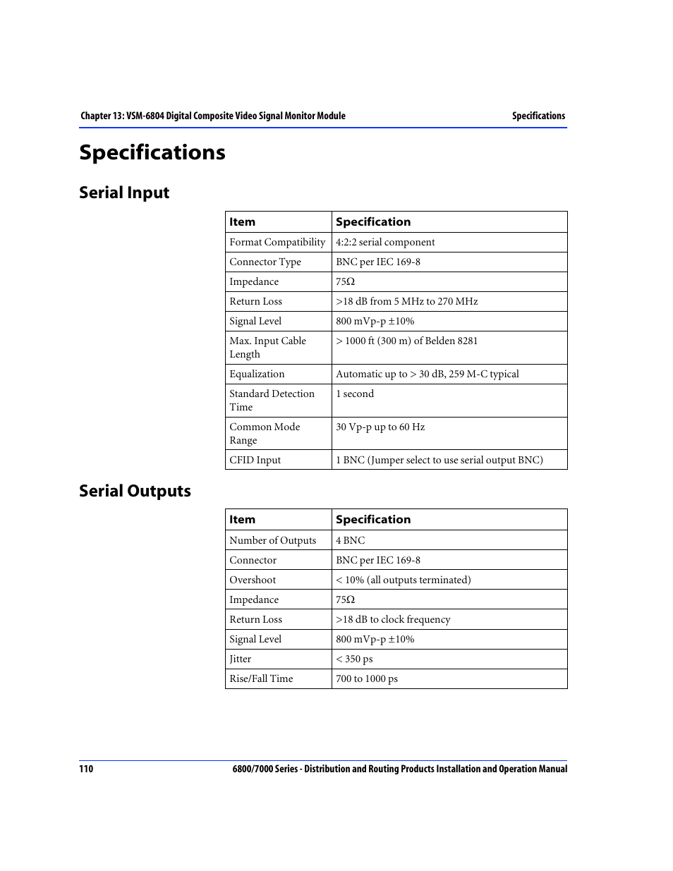 Specifications, Serial input, Serial outputs | Serial input serial outputs | Nokia 6800 Series User Manual | Page 137 / 151
