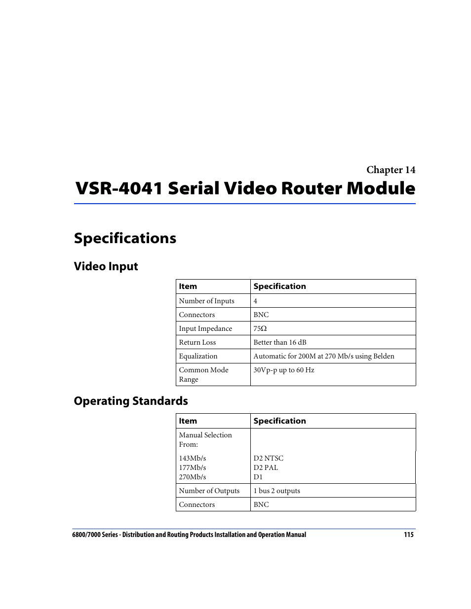 Chapt 14 vsr-4041 serial video router module, Specifications, Video input | Operating standards, Chapter 14: vsr-4041 serial video router module, Video input operating standards, Vsr-4041 serial video router module, Chapter 14 | Nokia 6800 Series User Manual | Page 142 / 151